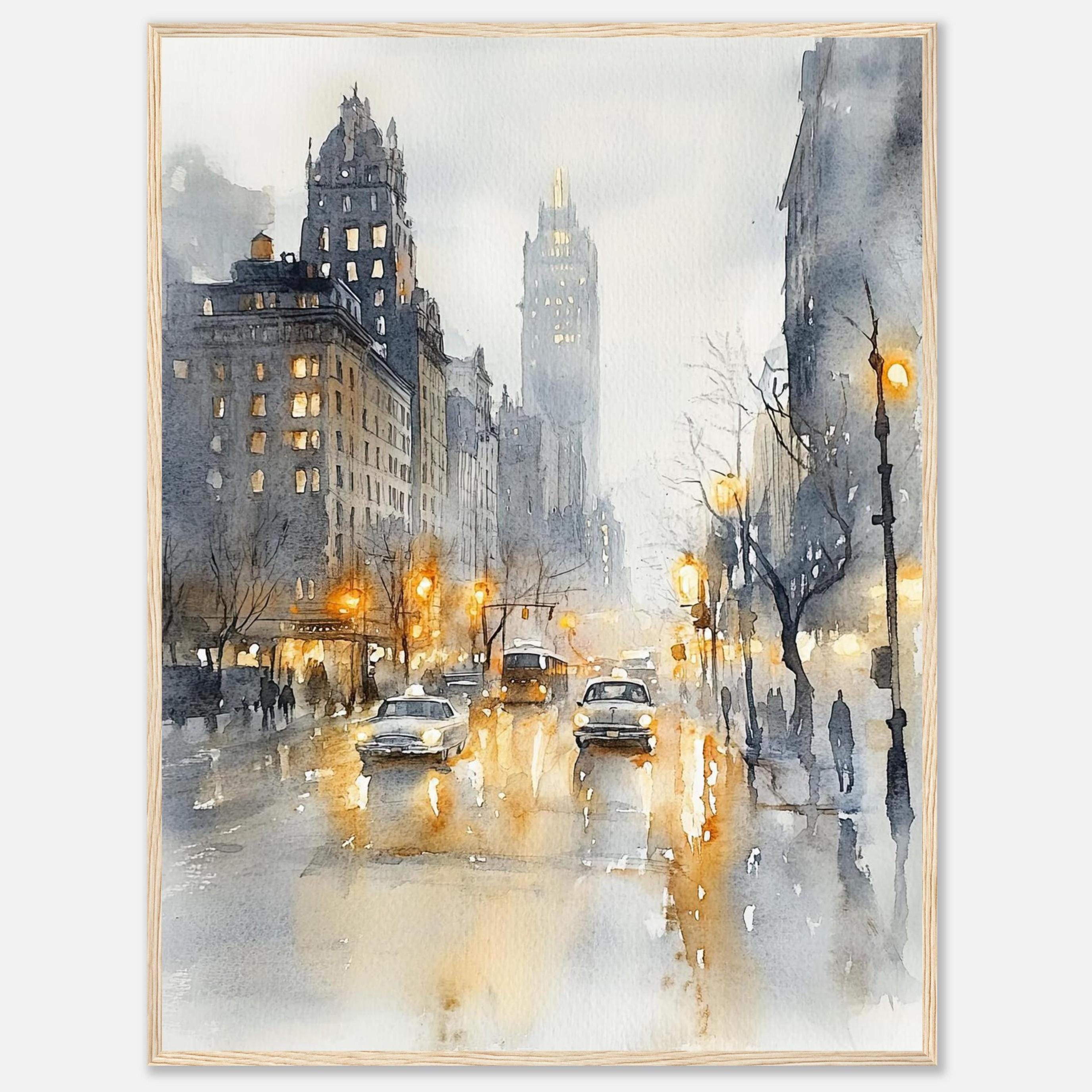 Foggy New York Watercolor Painting: Vintage Urban Landscape