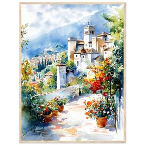 Stampa acquerello di Granada Stampa artistica da parete del castello di Alhambra Stampa artistica di architettura spagnola Spagna Tela di NataliaAyuArt