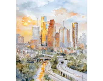 Houston Skyline Watercolor Painting Print: Texas Cityscape Golden Sunset Wall Art