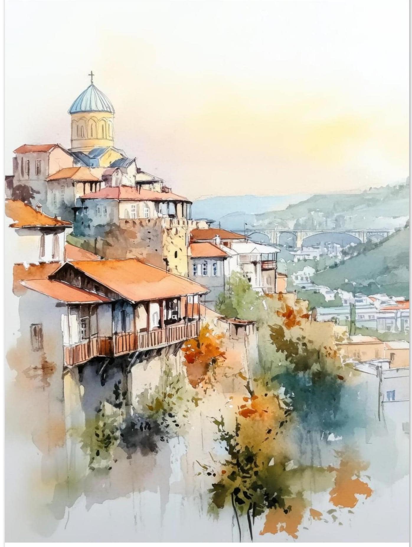 Tbilisi Georgia Watercolor Painting PRINT Georgia Wall Art Print Tbilisi Old Town Artwork Georgia Travel Artwork by NataliaAyuArt