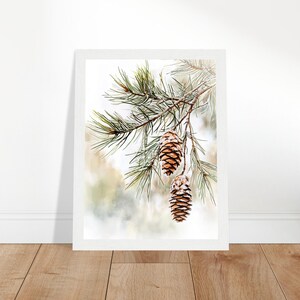 May include: A watercolor painting of a pine branch with two pine cones. The pine cones are brown and have a white, snowy texture. The background is a soft, watercolor wash of green and white.