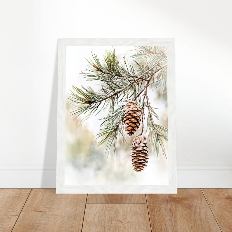 May include: A watercolor painting of a pine branch with two pine cones. The pine cones are brown and have a white, snowy texture. The background is a soft, watercolor wash of green and white.