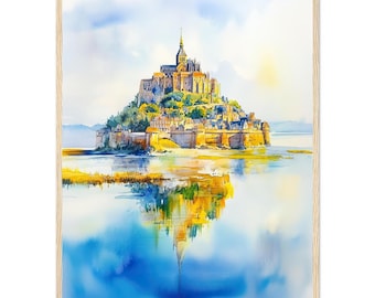 Mont Saint-Michel Watercolor Painting Normandy Coastal Landscape Wall Art Print France Travel Poster Architecture Wall Art by NataliaAyuart
