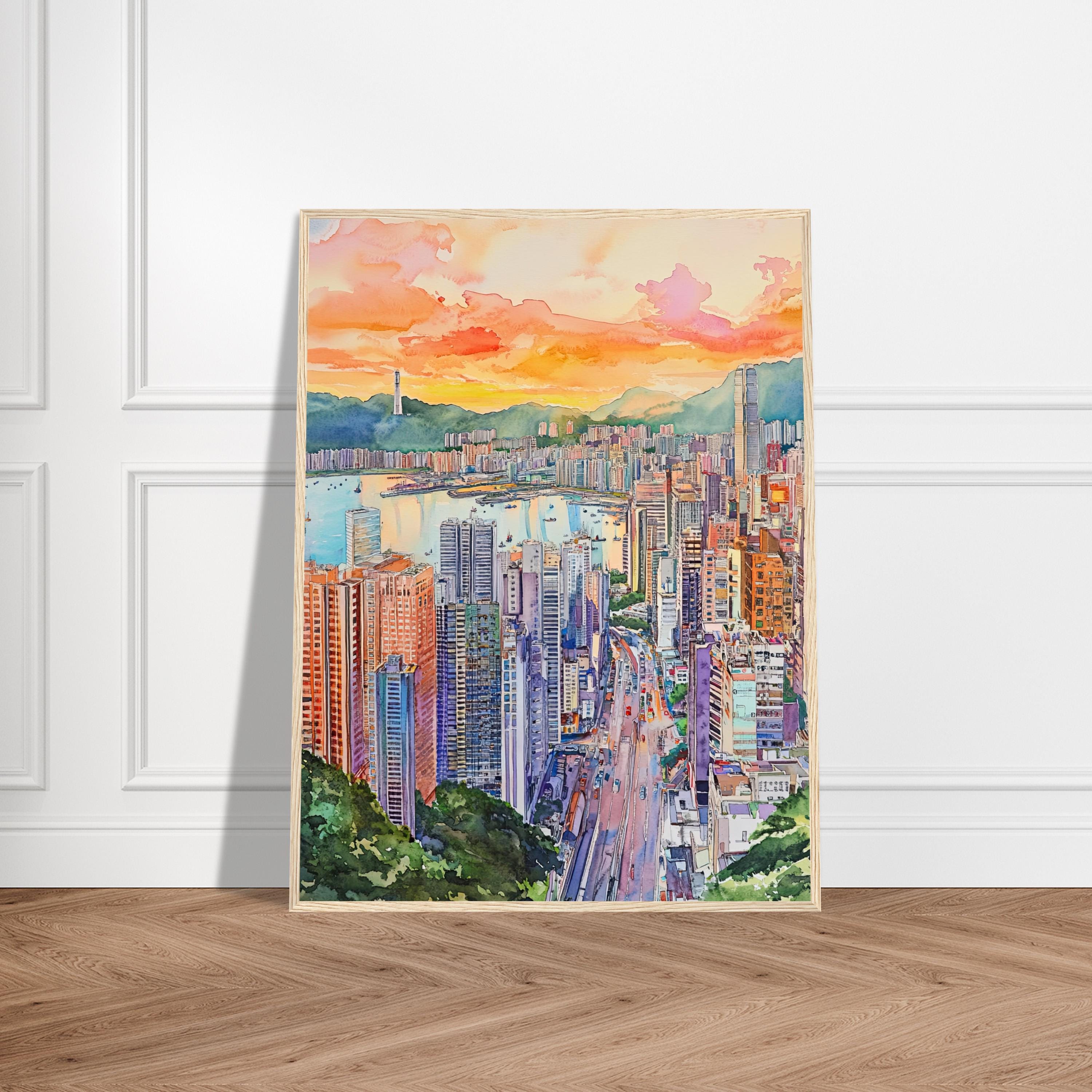 香港のスカイライン水彩画プリント：港の夕日ウォールアート、モダンな