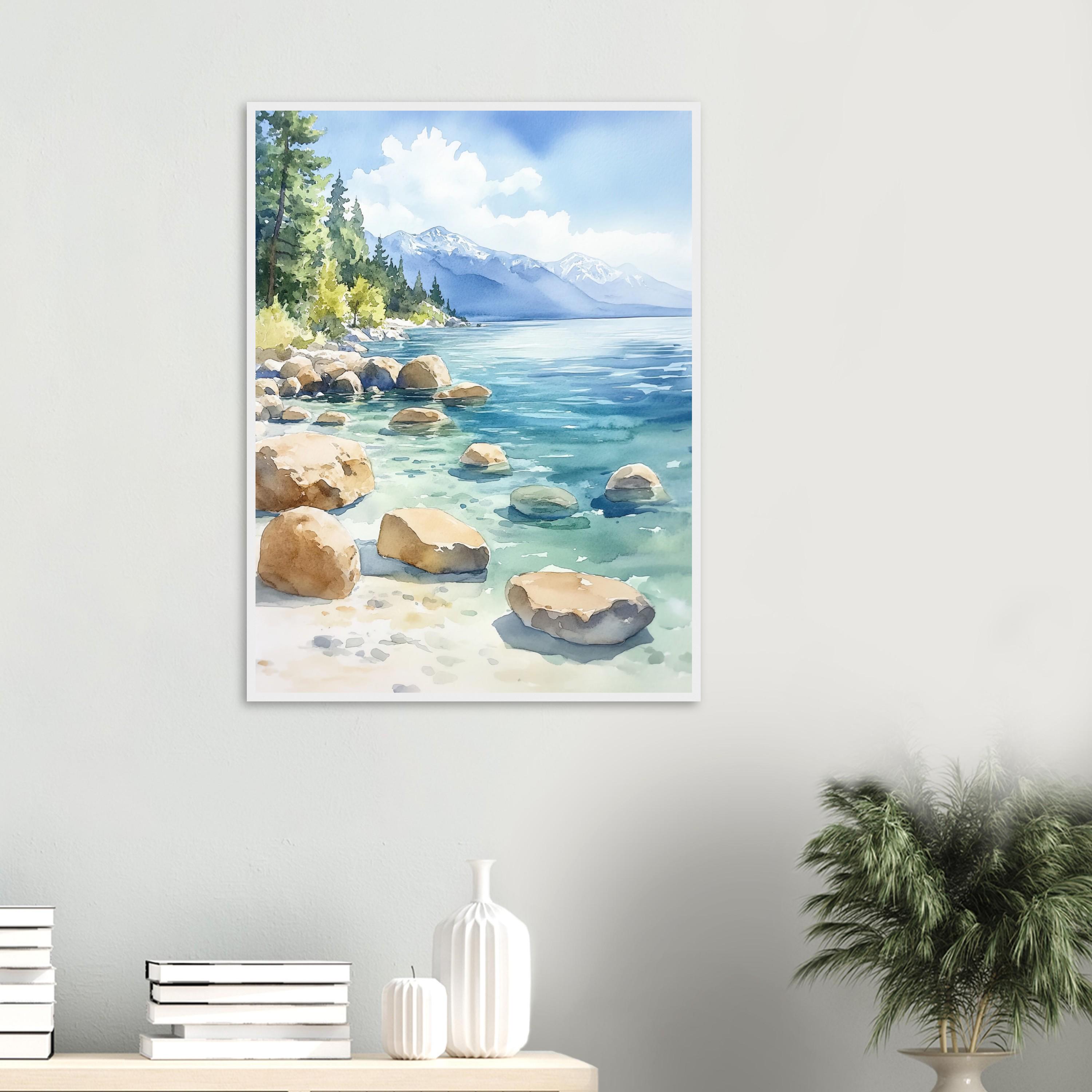 Lake Tahoe Watercolor Painting Print: Serene Mountain Landscape Art - Etsy