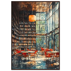 Library Interior Watercolor Paitnign Print Cozy Sunlit Library with Bookshelves and Red Chairs Wall Art Print Library Print by NataliaAyuArt