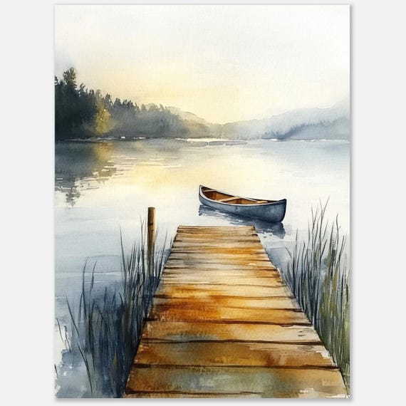 湖 絵画 （B） カヌー湖桟橋の水彩画：湖畔の静寂の壁画、カヤックのアートワーク