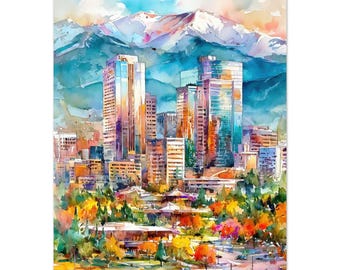 May include: A watercolor painting of a city skyline featuring tall buildings set against a backdrop of snow-capped mountains. The foreground displays colorful trees in shades of orange, yellow, and green, with a road and vehicles below.