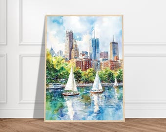 ボストン港の水彩画：帆船の絵画、街のスカイラインの壁画 - Etsy 日本