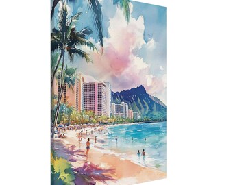 ワイキキビーチの水彩画：ホノルル・ハワイ・アート、ダイヤモンド