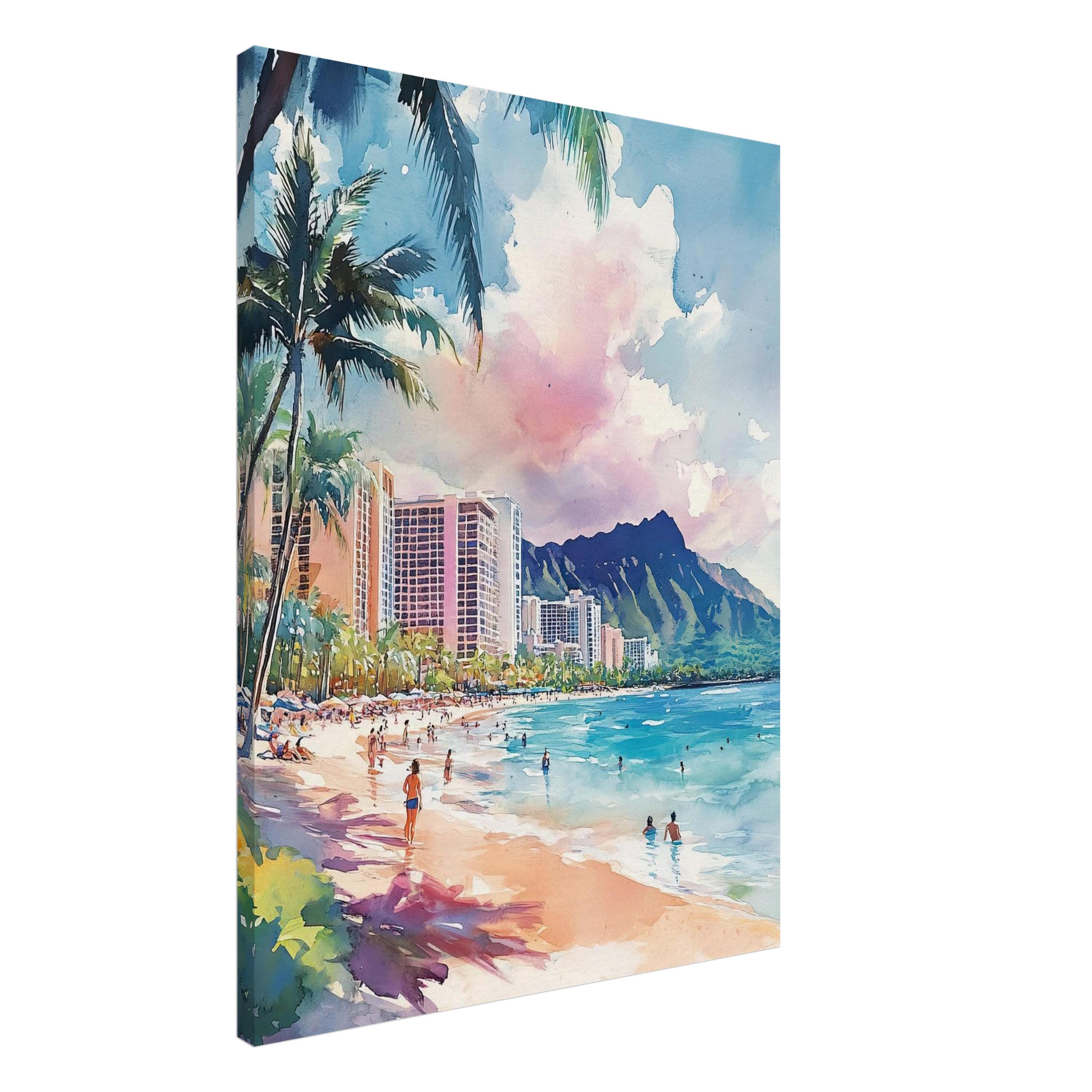 ワイキキビーチの水彩画：ホノルル・ハワイ・アート、ダイヤモンド