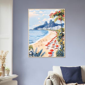 May include: A colorful painting of a beach scene in Rio de Janeiro, Brazil. The painting features a beach with red umbrellas, palm trees, and a view of the city and mountains in the distance.