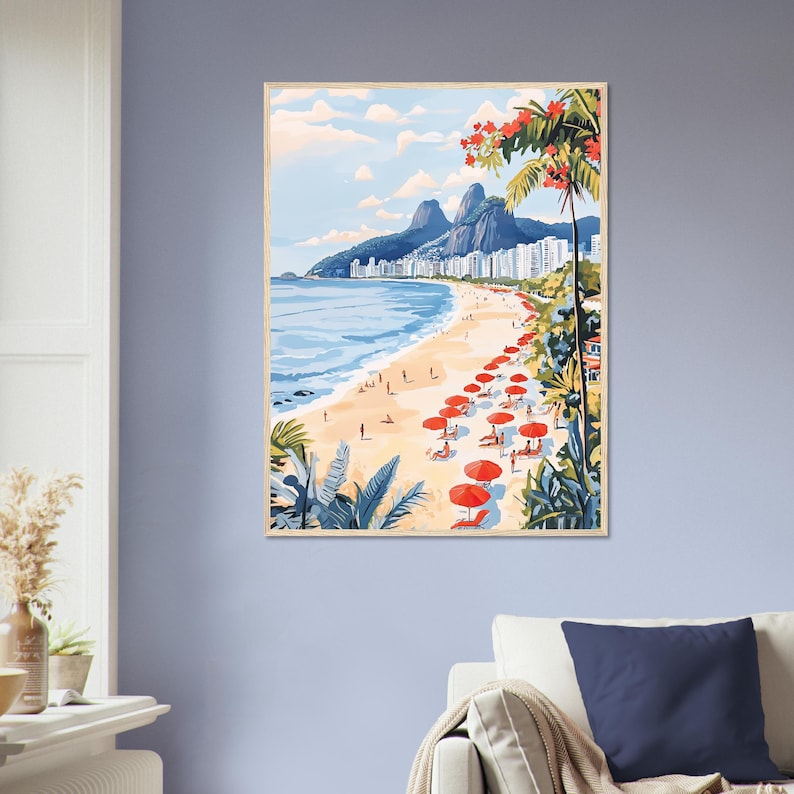 May include: A colorful painting of a beach scene in Rio de Janeiro, Brazil. The painting features a beach with red umbrellas, palm trees, and a view of the city and mountains in the distance.