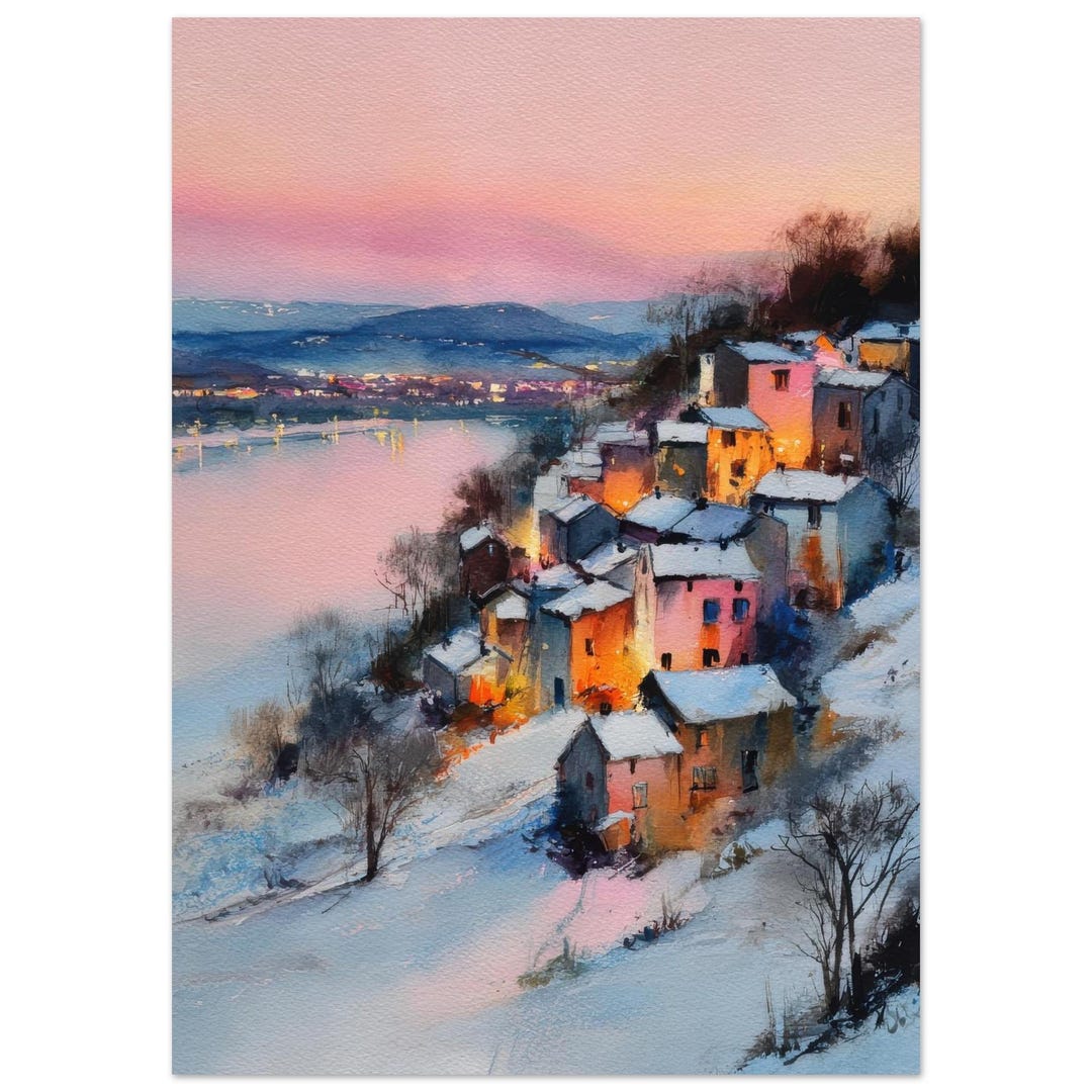 冬の村の水彩画：心地よいヨーロッパの風景画 - Etsy 日本