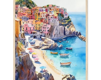 Cinque Terre Italy Watercolor Print: Coastal Italian Village Wall Art