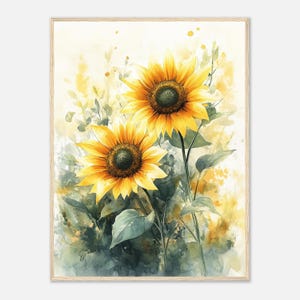 Impression d'art aquarelle tournesol beaux tournesols en fleurs sur fond vert tendre, impression d'art mural sur toile florale, toile par NataliaAyuArt