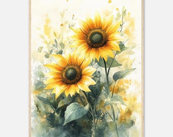 Sonnenblume Aquarell Druck: Blumen Leinwand Wandkunst