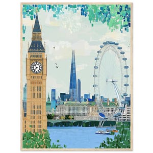 London Skyline Watercolor Painting Print Big Ben and London Eye Wall Art Print Modern Cityscape Poster Thames River Artwork by NataliaAyuArt