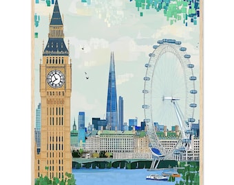 London Skyline Watercolor Print: Big Ben, London Eye, Thames River