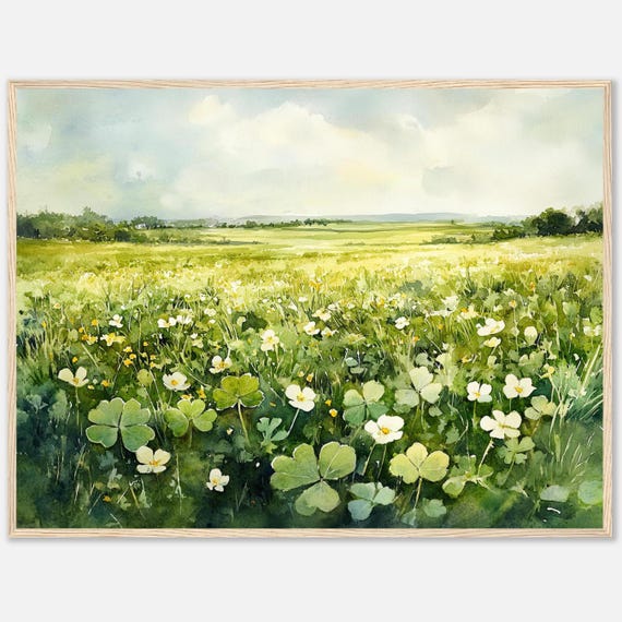 アイルランドの草原の水彩画プリント：クローバー畑の風景壁掛けアート