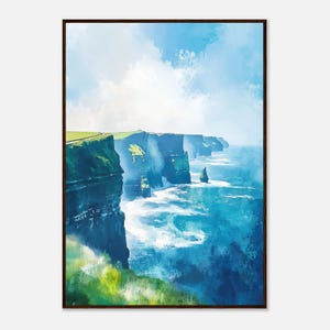 Acantilados de Moher, acuarela, Irlanda, impresión de arte mural, póster de viaje costero, impresión de paisaje marino oceánico, arte mural con escena oceánica de NataliaAyuArt