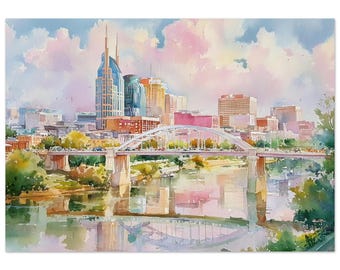 May include: Watercolor painting of a city skyline with a bridge over a river. The buildings are a mix of architectural styles, with a prominent skyscraper. The sky is filled with pastel-colored clouds, and the water reflects the city and bridge.
