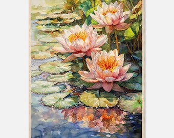Water Lilies Pond Art Print: Hyperrealism Watercolor Painting