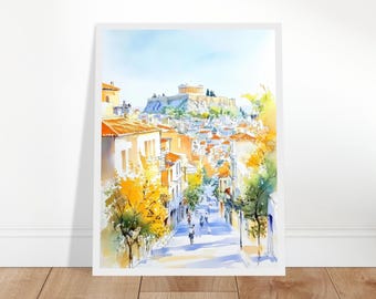 アテネ水彩画プリント：アクロポリスの壁画、プラカの街並みの絵画