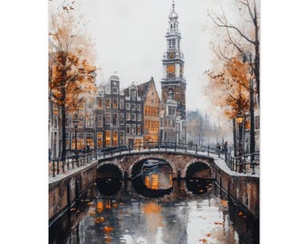 Amsterdam Canal Watercolor Painting Print: Autumn Netherlands Wall Art – Dutch Architecture Artwork