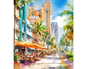 Miami Watercolor Print: Ocean Drive Wall Art, Florida Cityscape Painting, Beach Home Decor