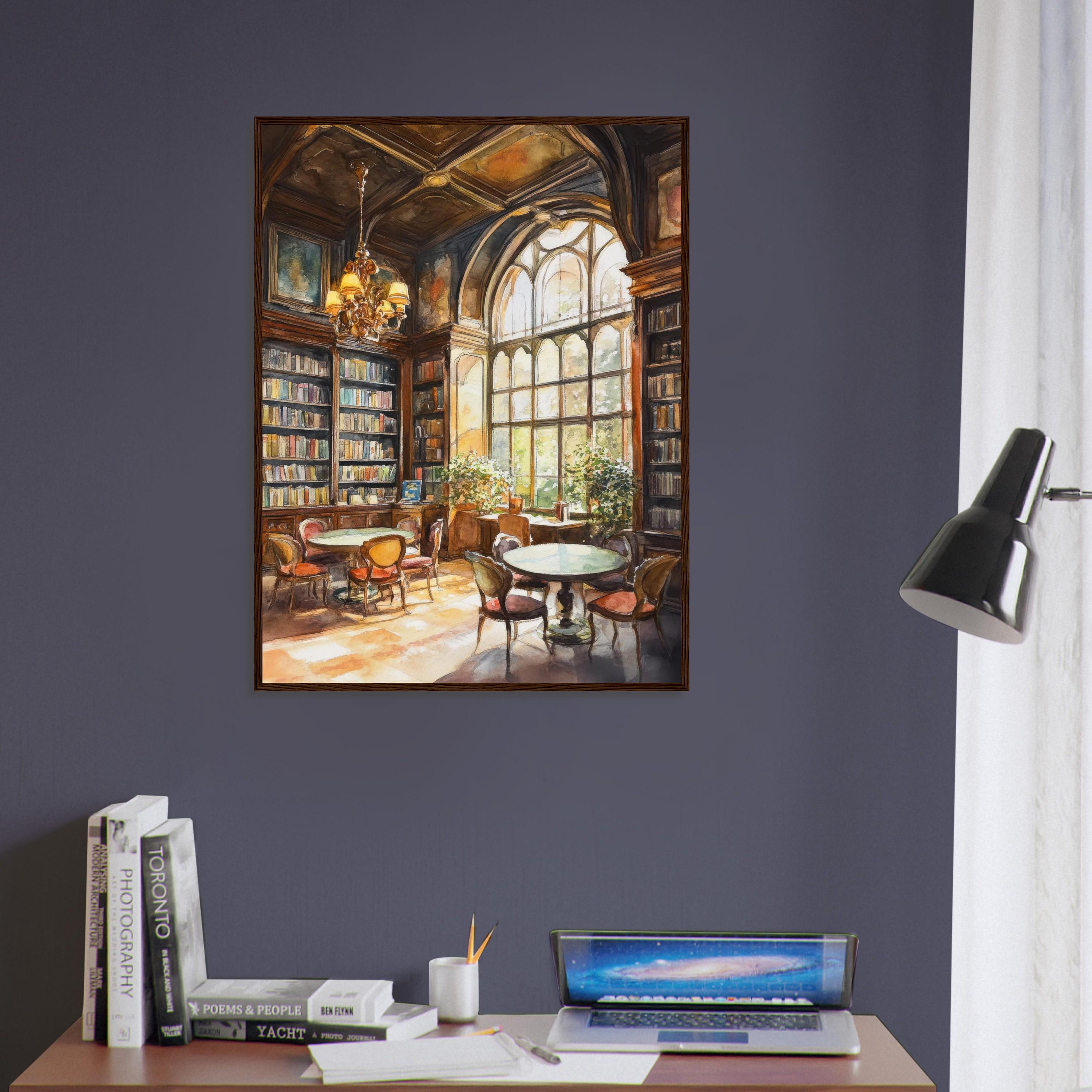 Classic Library Interior Watercolor Print: Elegant Reading Room Wall ...