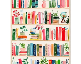 Könnte beinhalten: Eine gerahmte Aquarellillustration mit fünf Holzregalen, die mit bunten Büchern, Topfpflanzen und einem kleinen Globus gefüllt sind. Die Bücher sind in verschiedenen Ausrichtungen angeordnet und zeigen Rot-, Grün-, Blau- und Rosatöne, durchsetzt mit grünem Blattwerk.