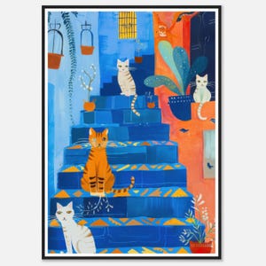 Gatti marocchini su scale blu Stampa artistica Marocco Decorazione murale moderna Stampa su tela o carta opaca Poster per bambini di NataliaAyuArt