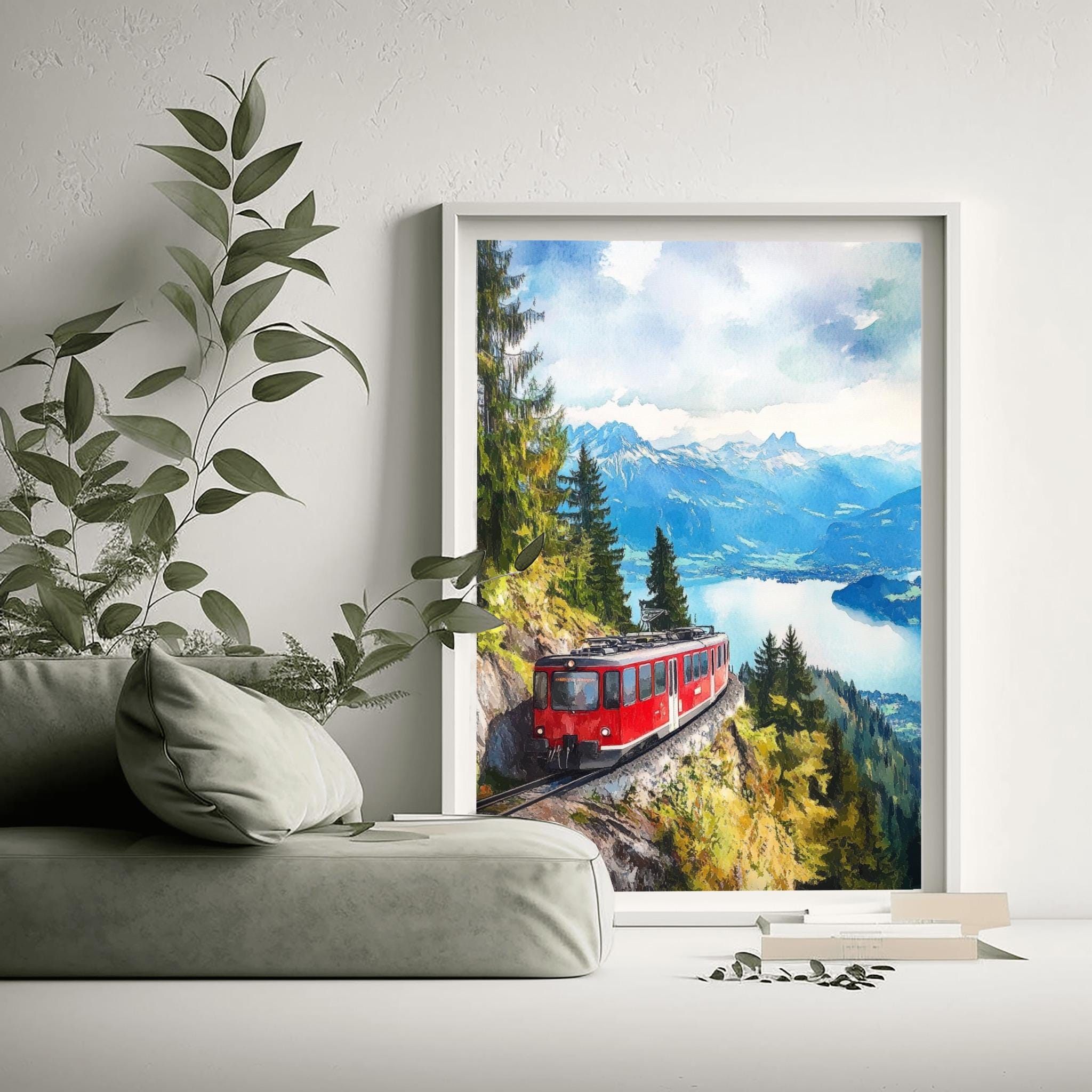 Swiss Mountain Train Print: Red Train Wall Art, Alpine Landscape