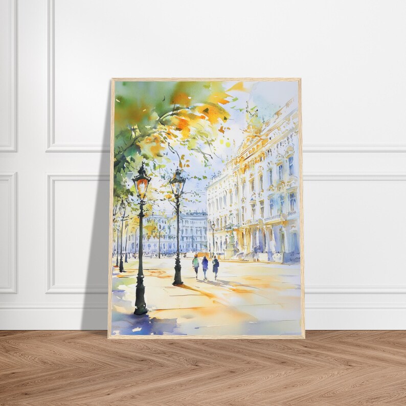 Aquarelprint van Wenen: Oostenrijkse stadsgezicht muurdecoratie, kunstwerk met historische Europese architectuur afbeelding 2