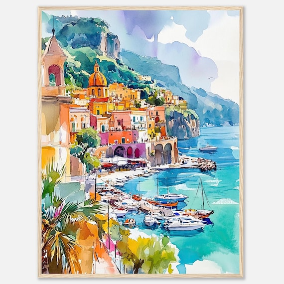 イタリア、ソレントの水彩画プリント、アマルフィ海岸の壁掛けアート