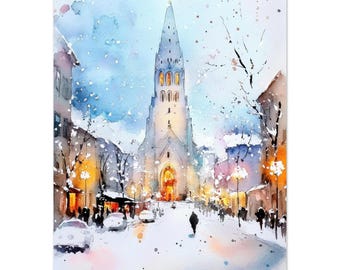 Reykjavik Watercolor Painting Print: Iceland Winter Cityscape Wall Art