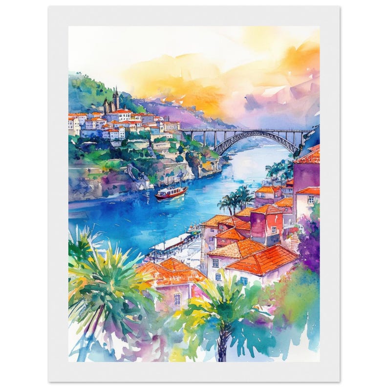 Aquarelprint van Porto, Portugal: muurkunst met stadsgezicht van rivier de Douro afbeelding 5
