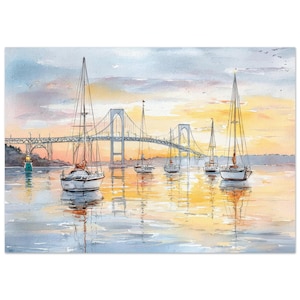 May include: A watercolor painting depicting several sailboats anchored on calm water during a sunset. A large suspension bridge spans the background under a soft yellow and blue sky. A small lighthouse stands on the left side of the water.