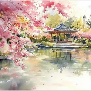 Stampa di pittura ad acquerello del giardino giapponese Stampa artistica da parete con fiori di ciliegio Stampa artistica di Sakura Pond Paesaggio primaverile Serenità Opera d'arte di NataliaAyuArt