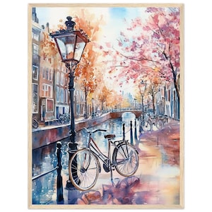 Amsterdam Canal Bikes Watercolor Print Netherlands Wall Art Print Amsterdam Cityscape Painting Dutch City Travel Poster by NataliaAyuArt