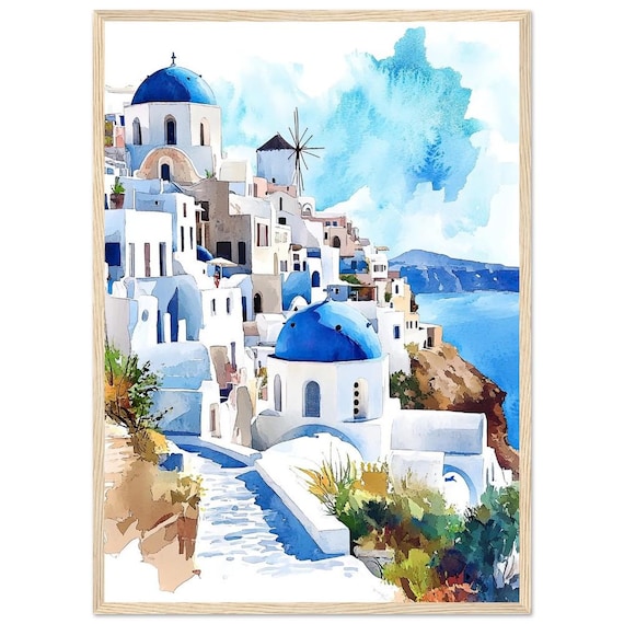 サントリーニ島 ギリシャ 水彩画：エーゲ海の眺め、青いドーム - Etsy 日本