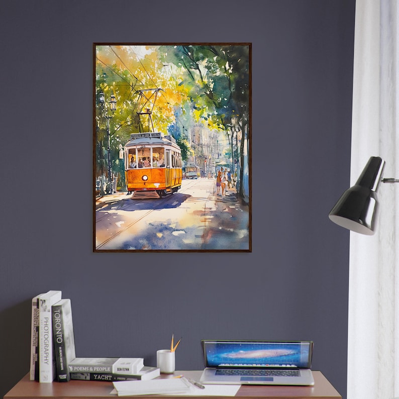 May include: A watercolor painting of a yellow tram traveling down a street lined with trees. The tram is full of passengers and the street is sunny and bright.
