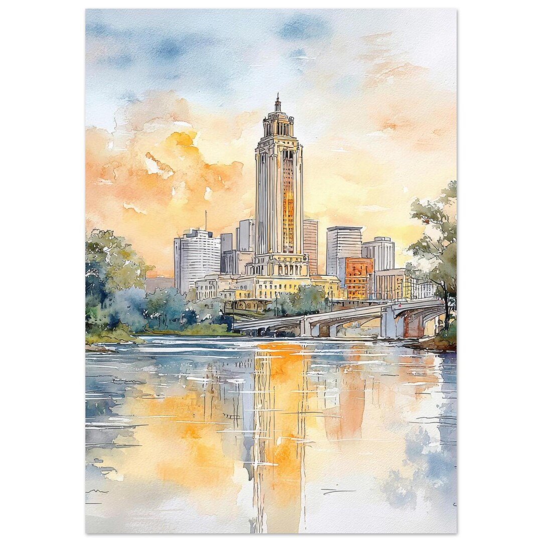 Baton Rouge Louisiana Watercolor Painting Print: City Skyline Wall Art ...