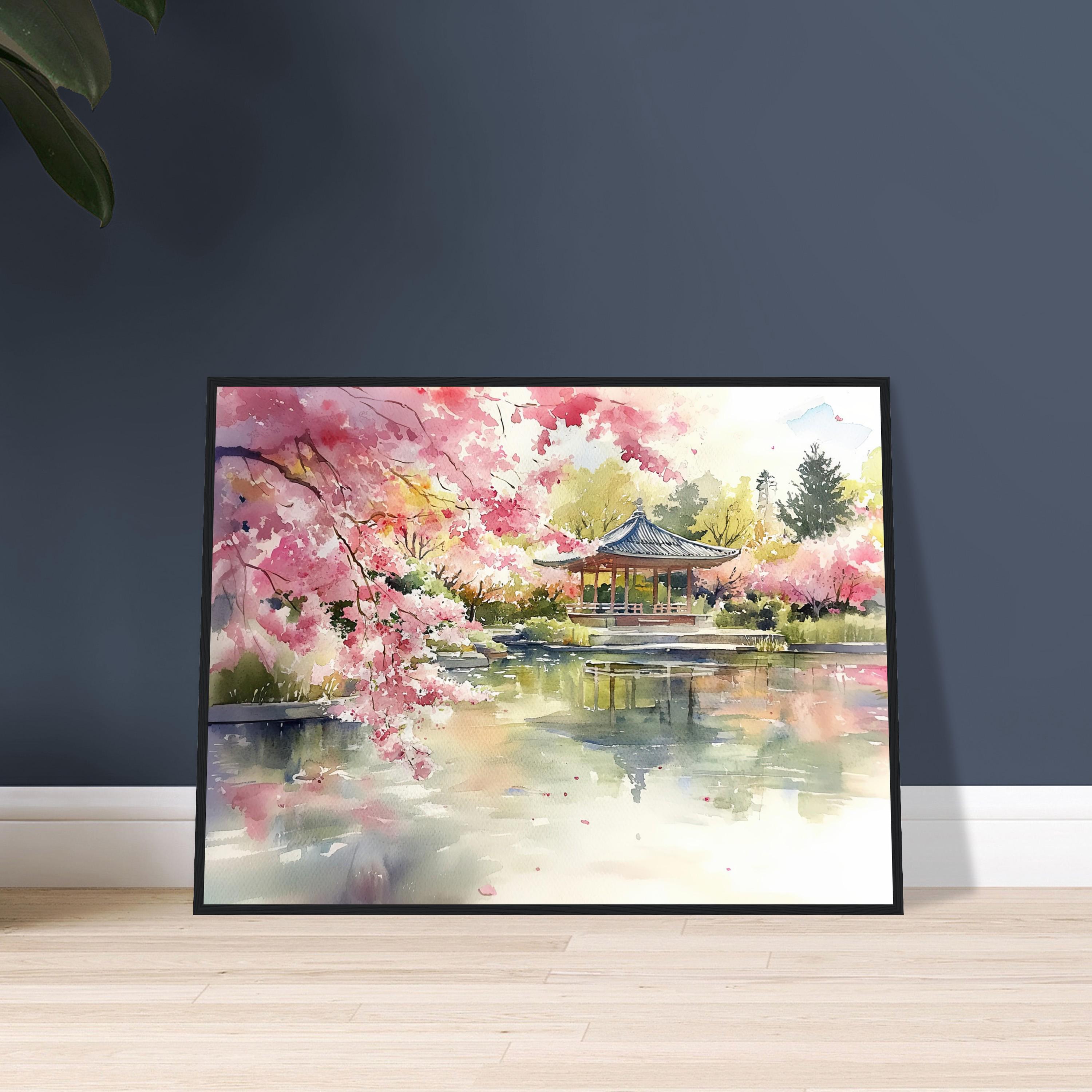 日本庭園の水彩画：桜と桜池の風景 - Etsy 日本