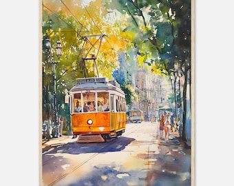 Lisbon Tram Watercolor Art Print: Portugal Cityscape Poster