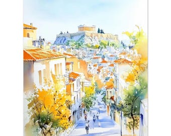 Aquarelprint Athene: kunst aan de muur Akropolis, stadsschildering Plaka, reisdecor Griekenland