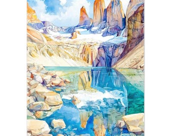 Patagonien Chile Aquarell Gemälde Druck: Torres del Painte Landschaftswandkunst