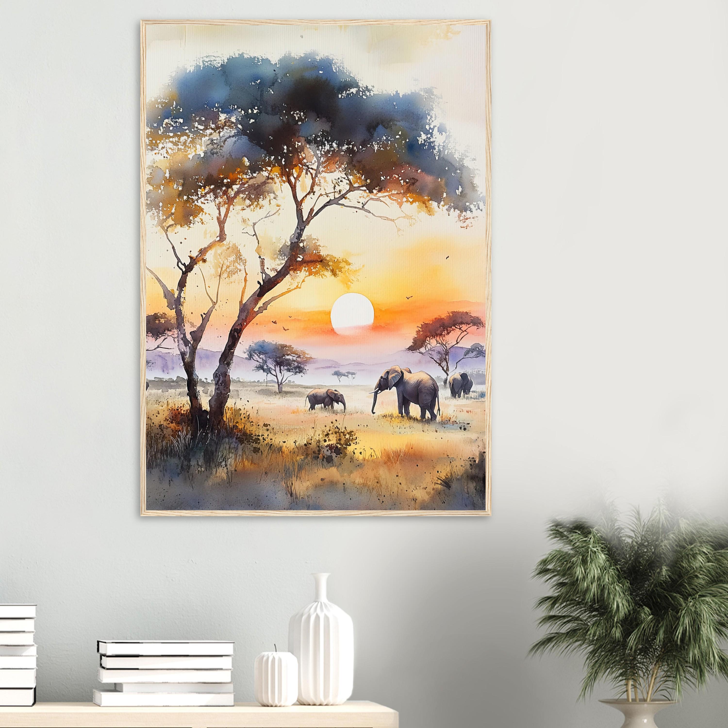 アフリカの夕日を背景にした象のプリント：水彩画サバンナの壁アート