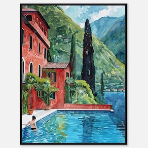 Impresión de acuarela del lago Como, arte mural del lago Como, Italia, con piscina, vistas a la montaña, paisaje mediterráneo, póster de NataliaAyuArt